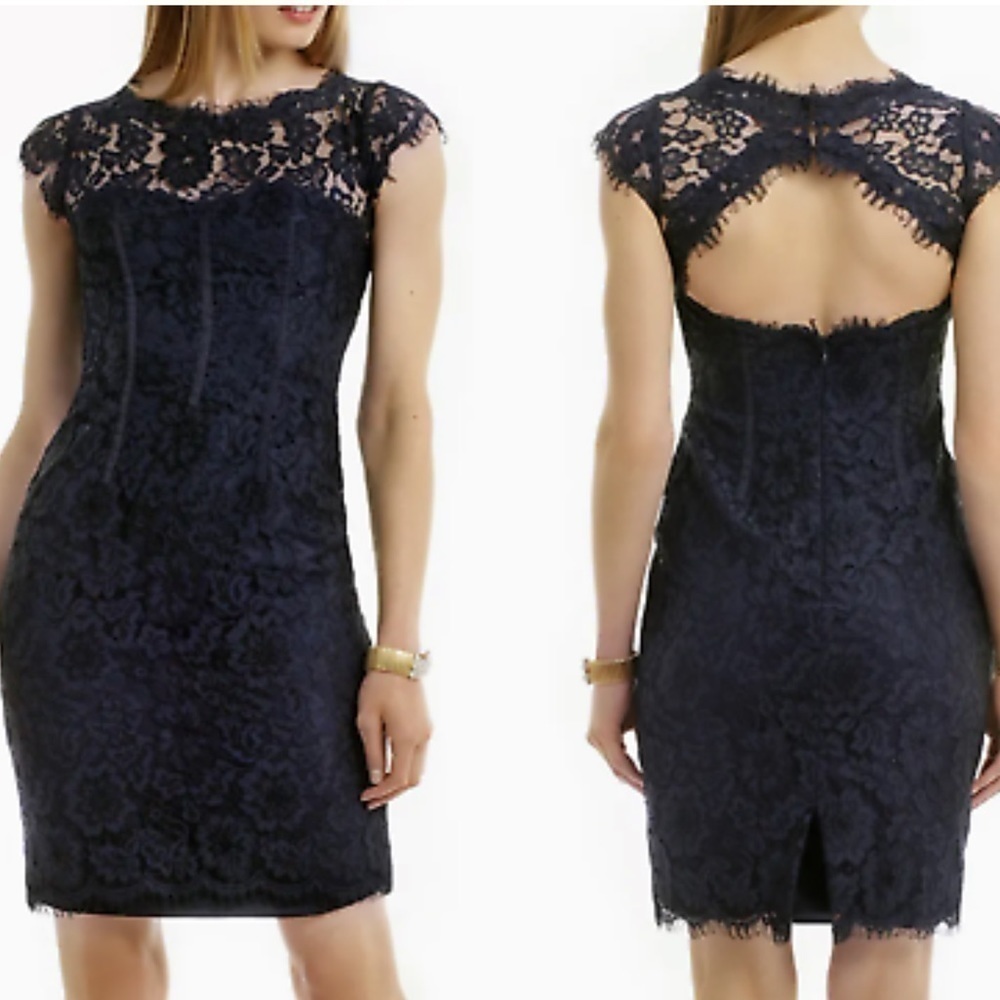 ML Monique Lhuillier Gravitate Towards You Lace Sheath Dress Navy Blue Sz 2